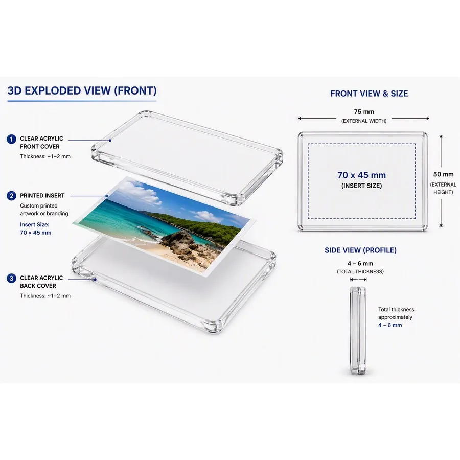 Exploded view diagram showing acrylic layers and 70 by 45mm insert size