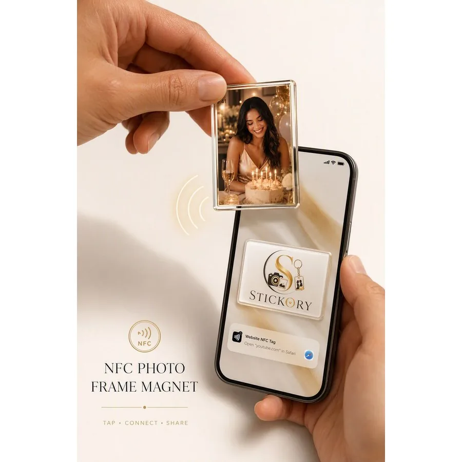 Tapping the NFC Photo Frame Magnet against a phone to open a link