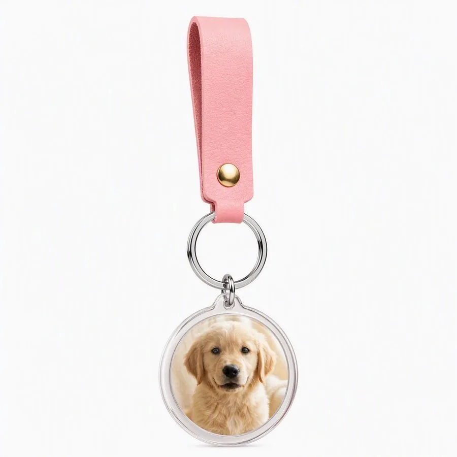 Photo keychain - puppy photo on pink leather strap