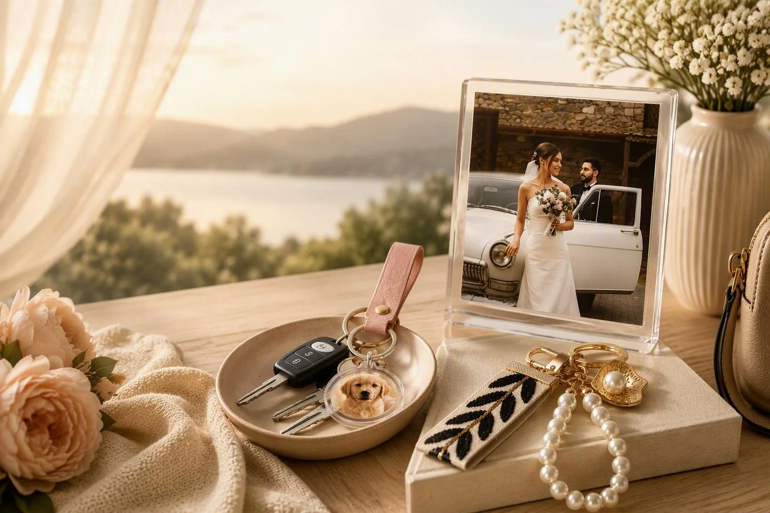Keepsake photo magnet, engraved keychains and a wedding photo frame styled on a table