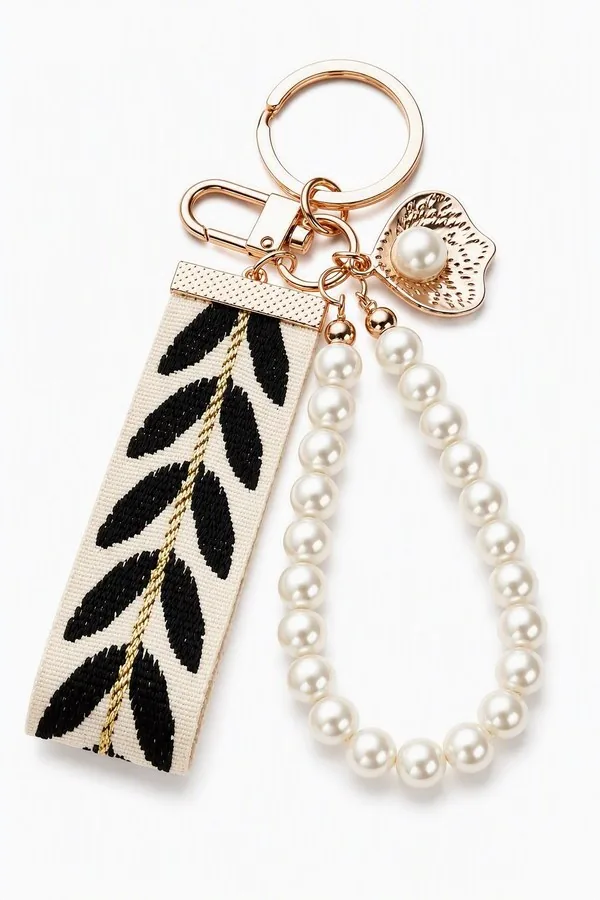 Bag Charm with Pearl Keychain — Black Leaf Tassel design