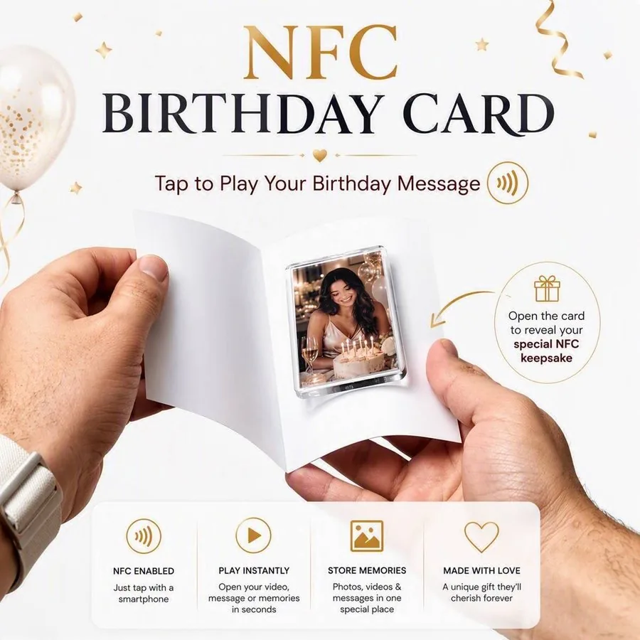 Personalised NFC Memory Keepsake Card — the full concept: open the card, tap the photo magnet, reveal the memory