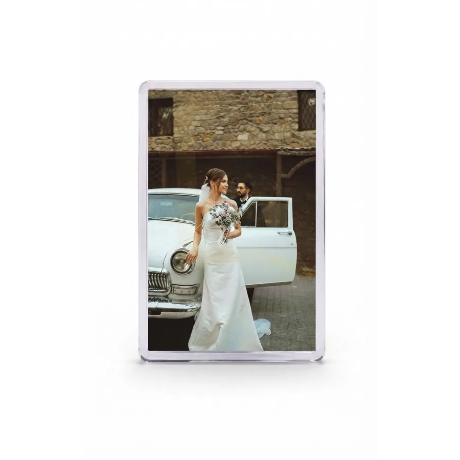 Wedding photo magnet standing upright as a display frame